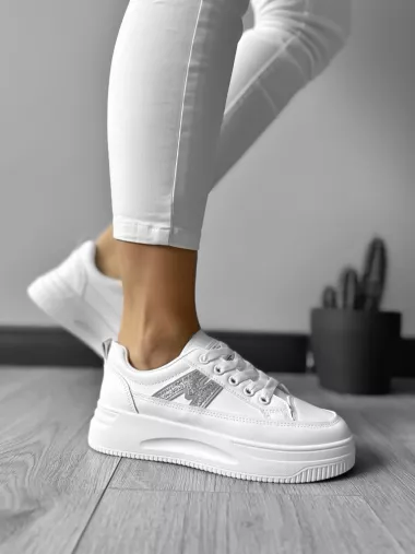 Adidasi dama casual cu talpa inalta, albi cu gri CL2402 T3-2