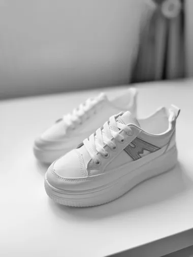 Adidasi dama casual cu talpa inalta, albi cu gri CL2402 T3-2