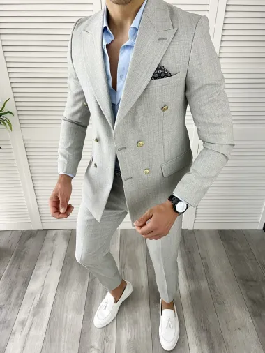 Costum barbati gri slim fit in sacou + pantaloni 11729 P20-2.3