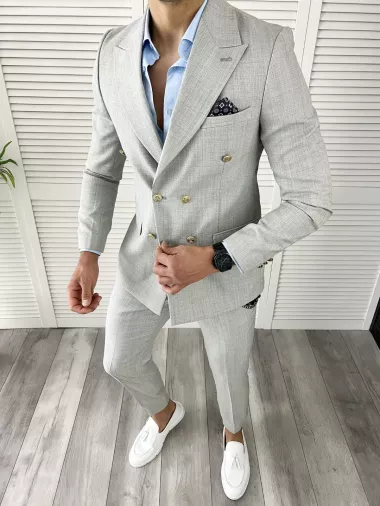 Costum barbati gri slim fit in sacou + pantaloni 11729 N8-4.2