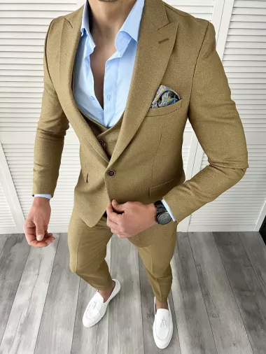 Costum barbati maro slim fit in sacou + pantaloni 11734 O3-5.2
