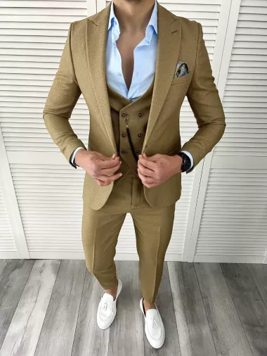 Costum barbati maro slim fit in sacou + pantaloni 11734 O3-5.2