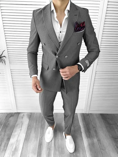 Costum barbati gri inchis in dungi slim fit in sacou + pantaloni 11712 P20-1.1