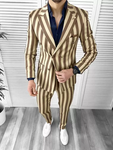 Costum barbati slim fit in carouri sacou + pantaloni bej 1047 i16-5.3