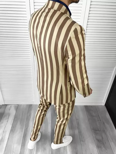 Costum barbati slim fit in carouri sacou + pantaloni bej 1047 i16-5.3
