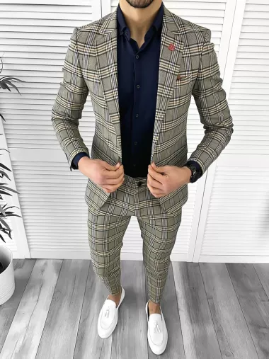 Costum barbati slim fit in carouri sacou + pantaloni 10268 D4-3.1