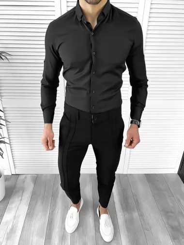 Camasa barbati slim fit neagra + BUTONI cadou 10208