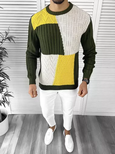 Pulover barbati gros slim fit kaki T3611 I14-5