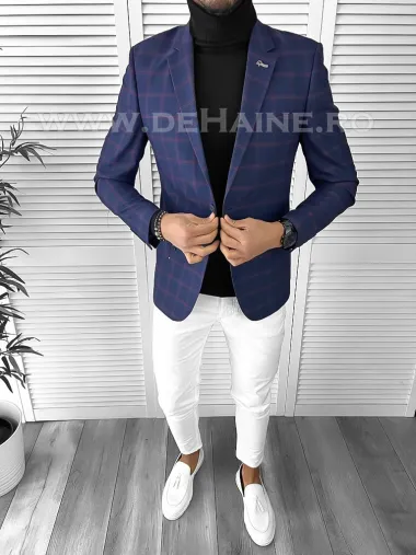 Sacou barbati slim fit bleumarin in carouri B9752 P18-1.1