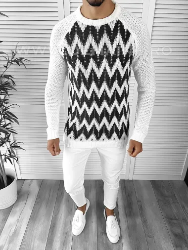 Pulover barbati gros slim fit alb T3613 U6