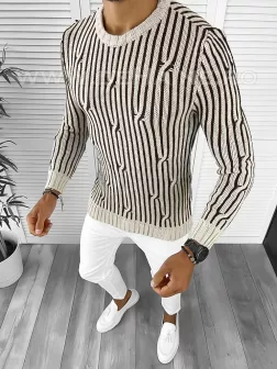 Pulover barbati gros slim fit bej T3575 83-3
