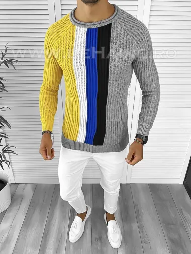 Pulover barbati gros slim fit gri deschis T3578 114-1 U7-2