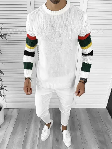 Pulover barbati gros slim fit alb T3588 98-1 U7-4