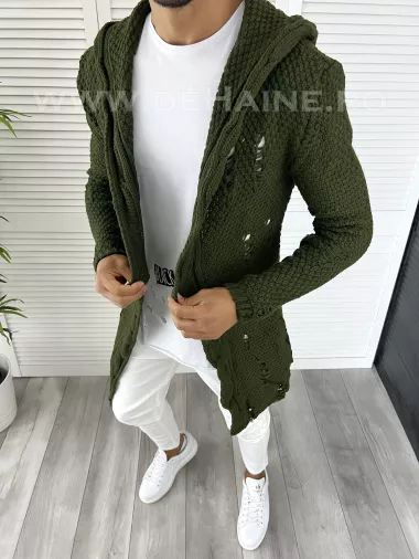 Cardigan barbati kaki cu gluga slim fit ZR T3601 K21 Cardigan barbati kaki cu gluga slim fit ZR T3601 K21