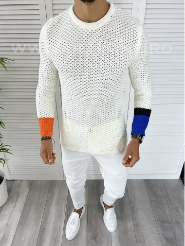 Pulover barbati gros alb slim fit T3585 110-4