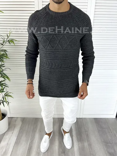 Pulover barbati gros slim fit gri inchis T3614 i5-4.2