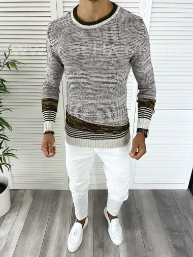 Pulover barbati gros slim fit bej T3616 80-1