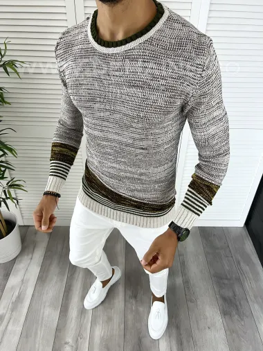 Pulover barbati gros slim fit bej T3616 80-1
