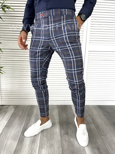 Pantaloni barbati eleganti regular fit bleumarin in carouri B9224 I12-2.3
