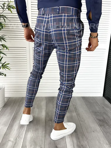 Pantaloni barbati eleganti regular fit bleumarin in carouri B9224 I12-2.3