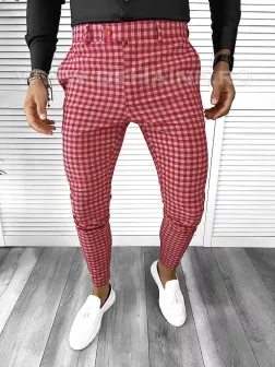 Pantaloni barbati eleganti rosii in carouri B1855 154-7 E, F5-3