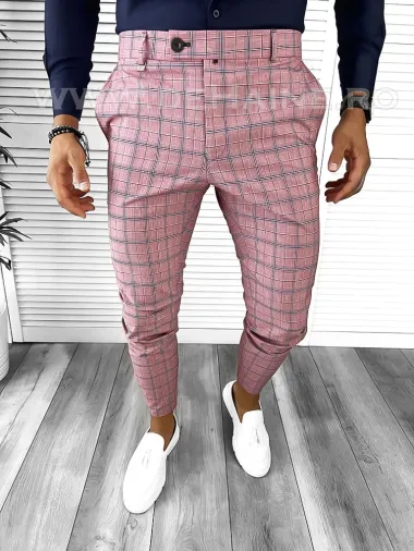Pantaloni barbati eleganti roz in carouri B8772 12-3 E ~