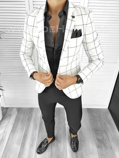 Sacou barbati slim fit alb in carouri B8321 O3-4.2
