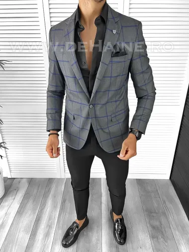 Sacou barbati slim fit gri in carouri B8279 P20-3.3