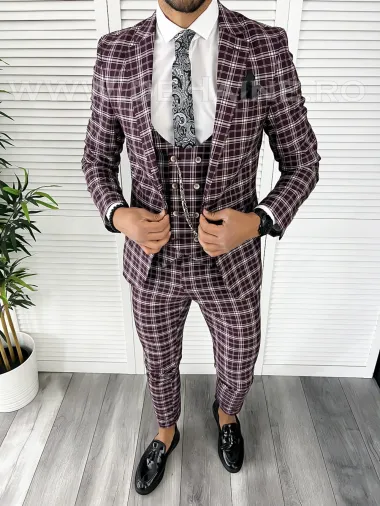 Costum barbati slim fit grena in carouri B7916 6-5