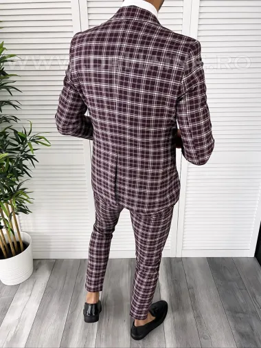 Costum barbati slim fit grena in carouri B7916 6-5