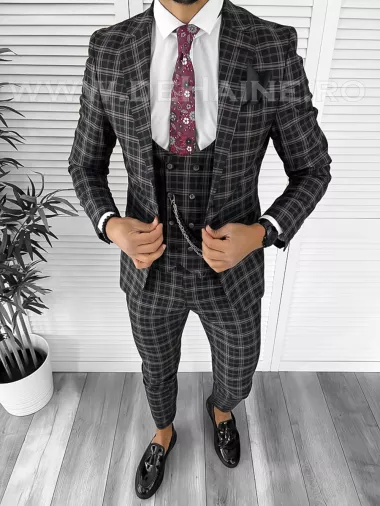 Costum barbati slim fit negru in carouri B7916 124