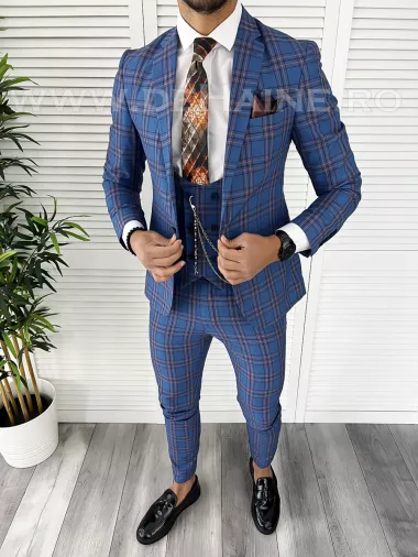 Costum barbati slim fit albastru in carouri B7918 O2-2.1