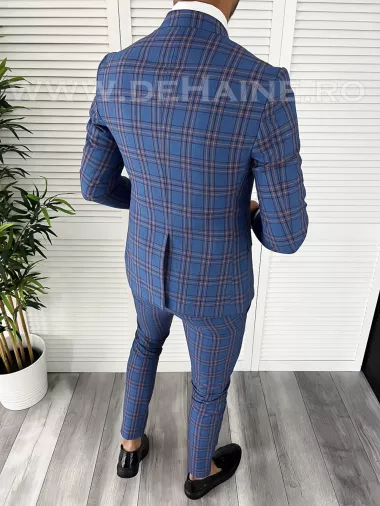 Costum barbati slim fit albastru in carouri B7918 O2-2.1