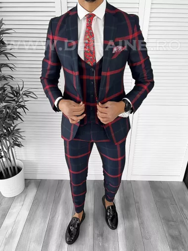 Costum barbati slim fit bleumarin in carouri B7921 92-4 