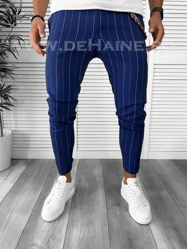 Pantaloni barbati casual regular fit bleumarin in dungi B7871 S3-1