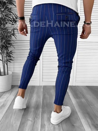 Pantaloni barbati casual regular fit bleumarin in dungi B7871 S3-1
