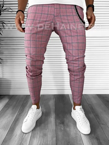 Pantaloni barbati casual regular fit roz in carouri B7873 12-3 E ~