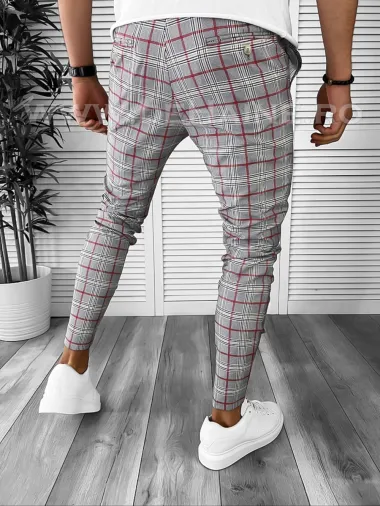 Pantaloni barbati casual regular fit gri in carouri B7844 B7-3.1