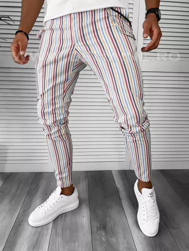 Pantaloni barbati casual regular fit albi cu dungi B7845 O1.3.1 E 150-3