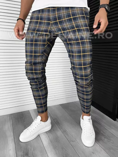 Pantaloni barbati casual regular fit bleumarin in carouri B7846 3-4 E