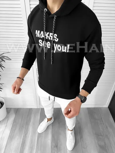 Hanorac barbati negru slim fit cu imprimeu pe spate K054 i19-2