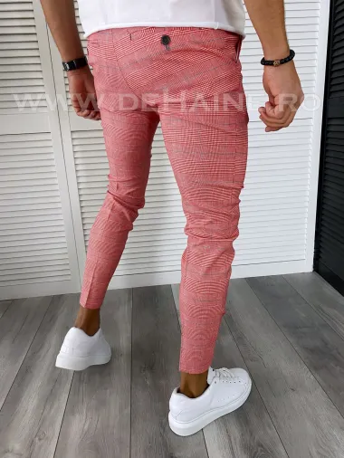 Pantaloni barbati casual regular fit rosii in carouri B1607 V4-5