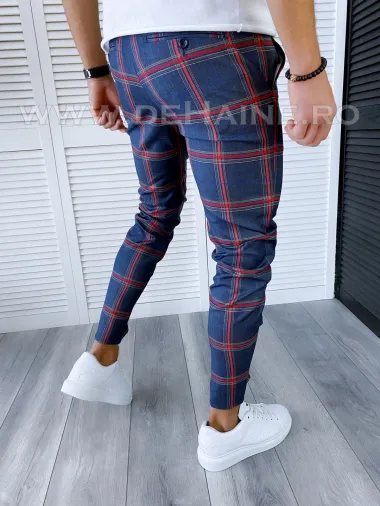 Pantaloni barbati casual regular fit bleumarin in carouri B1904 F7-3