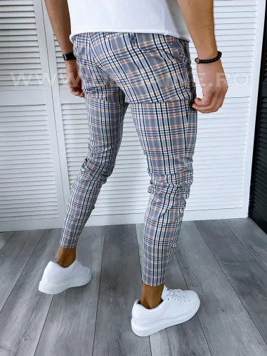 Pantaloni barbati casual regular fir gri in carouri B4960 S2