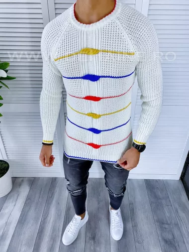 Pulover barbati gros slim fit alb T3587 97-4