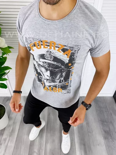 Tricou barbati gri cu imprimeu slim fit B5369 N5-3.1