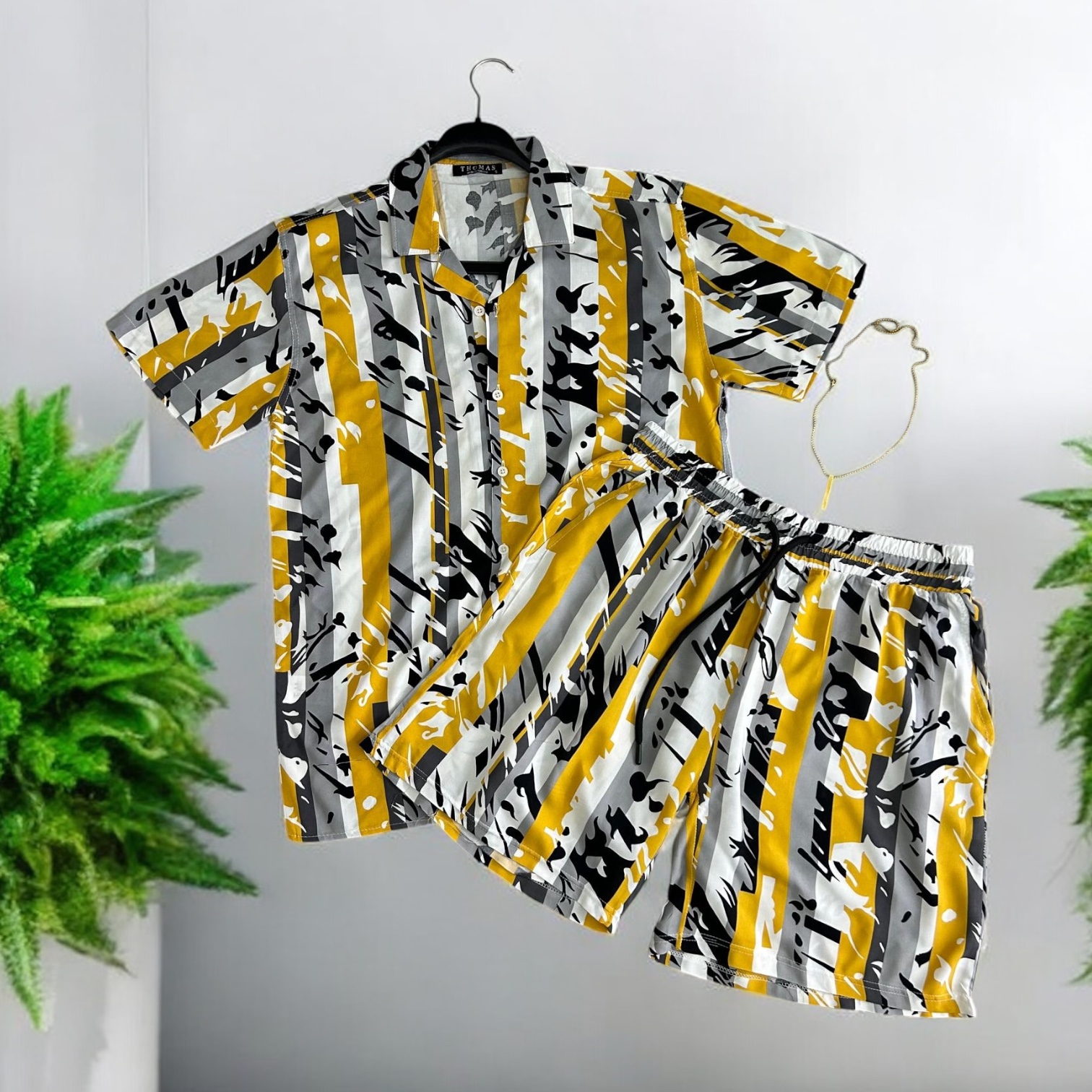 Compleu de vara camasa cu imprimeu + pantaloni galben 13275