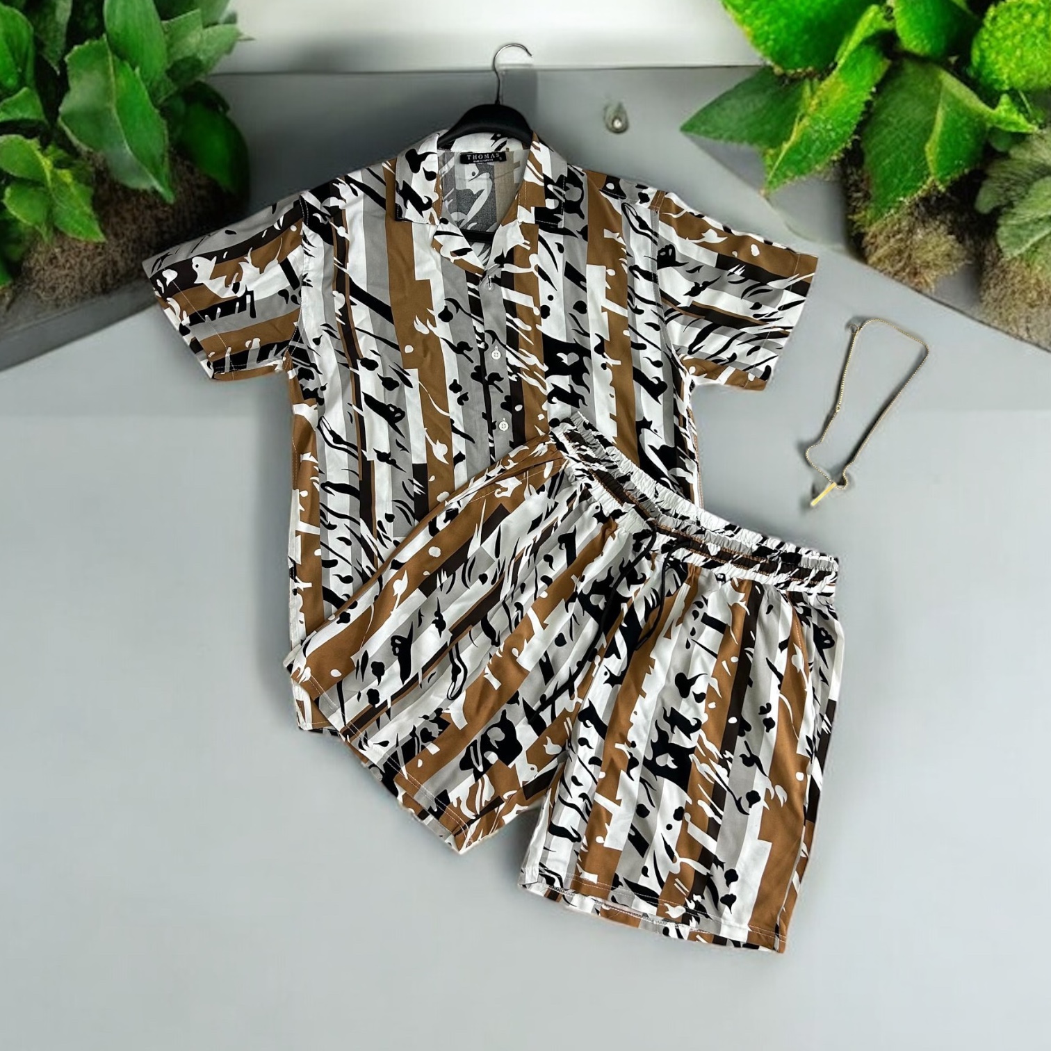 Compleu de vara camasa cu imprimeu + pantaloni maro 13275