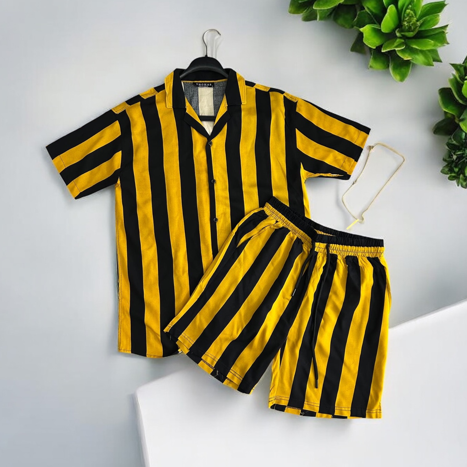 Compleu de vara camasa cu imprimeu + pantaloni galben 13276