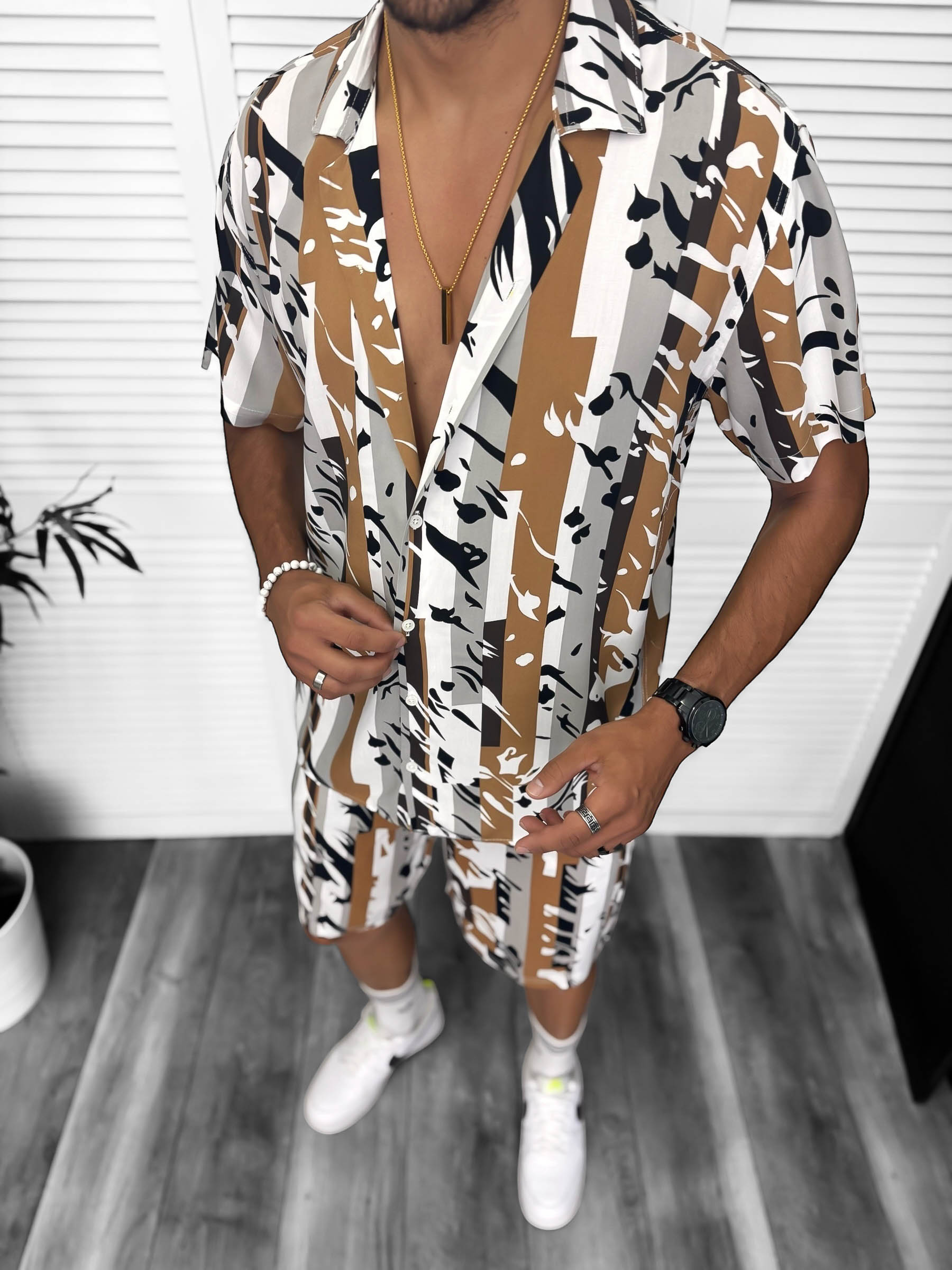 Compleu de vara camasa cu imprimeu + pantaloni maro 13275 Y22